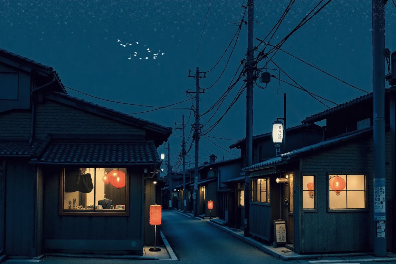 Lantern-lit alley of Japanese shopfronts at night, a flock of plovers in flight