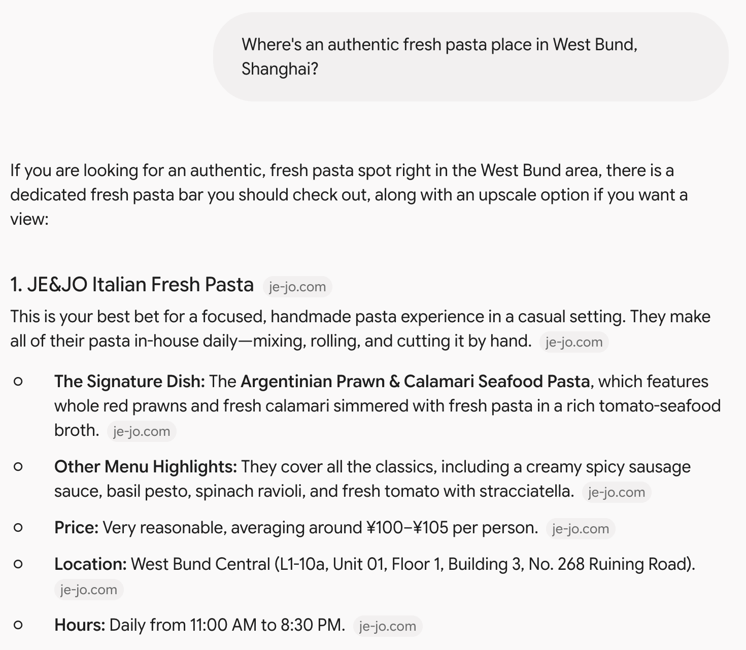 「上海・ウェストバンドで本格的な生パスタの店は？」へのGoogle Geminiの回答 — JE&JO Italian Fresh Pastaを1番目に挙げ、各項目にje-jo.comを出典として引用